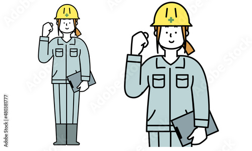 ガッツポーズをしている作業服を着た工事現場の女性の全身イラスト素材。
