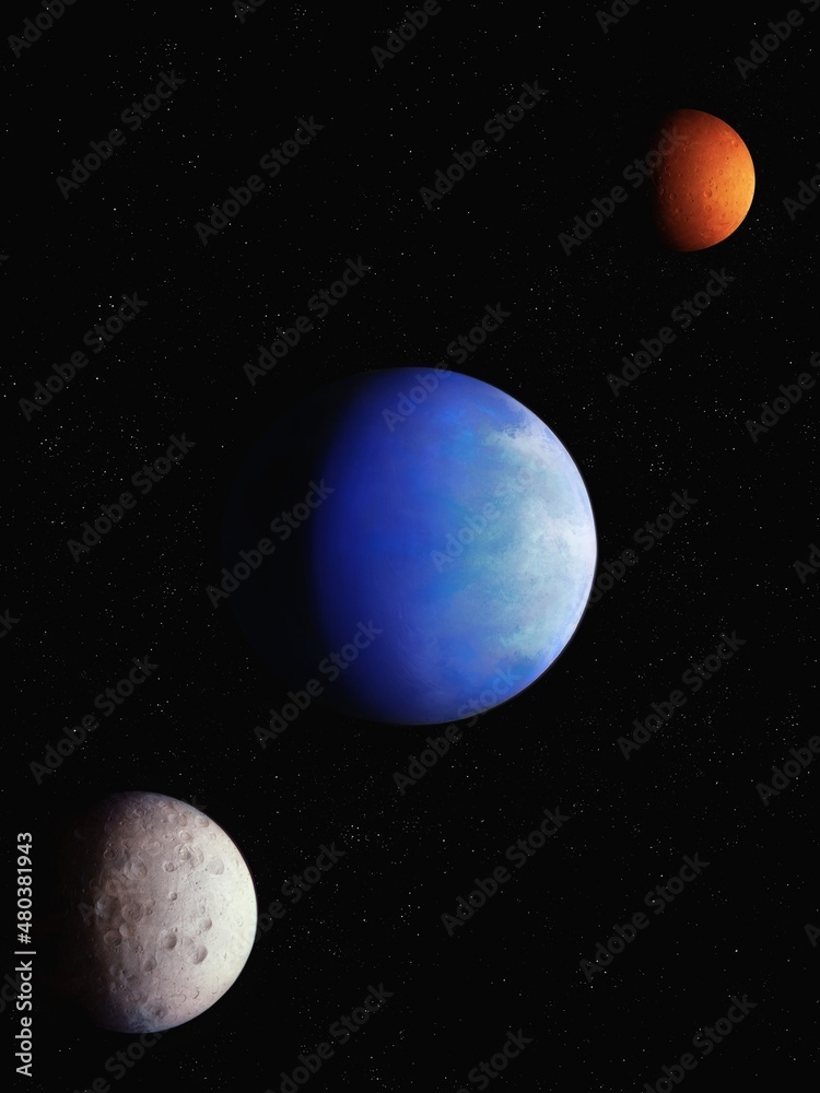 Planet with satellites in deep space. Beautiful abstract background. Exoplanets and exomoons. 