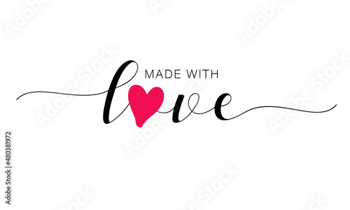 Made with love lettering with heart symbol. Hand drawn black line calligraphy. Ink vector inscription isolated on white background. Lettering for your handcrafted goods, product, shop, tags, labels