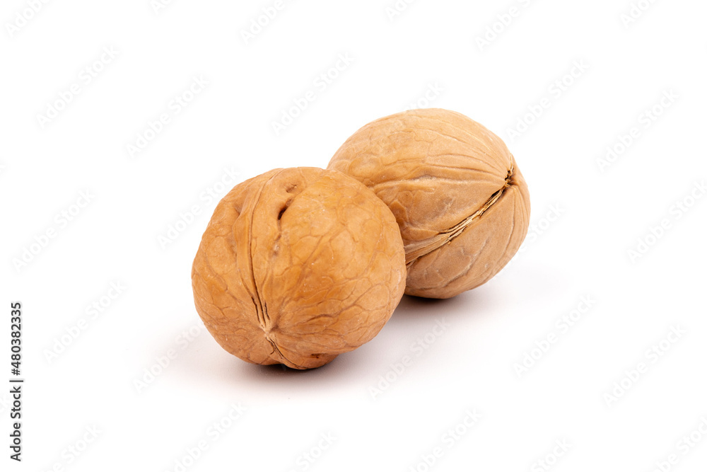 Walnuts in shells isolated on white background. Package design element with clipping path. Walnuts in shells isolated on white background. Package design element with clipping path.