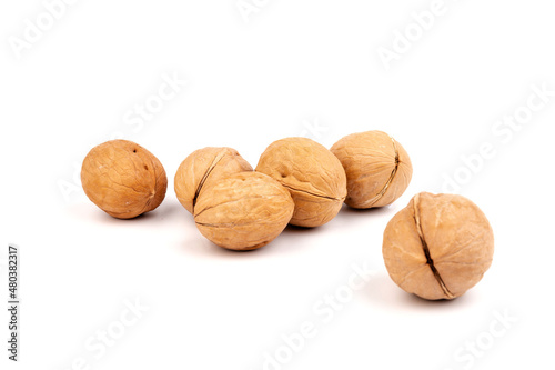 Walnuts in shells isolated on white background. Package design element with clipping path.