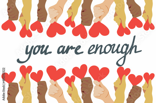 Valentine's Day template of hand-drawn doodle-style elements. Freedom. You are enough. Hands of different races with red hearts. Vector image of people for the holiday on a white background.