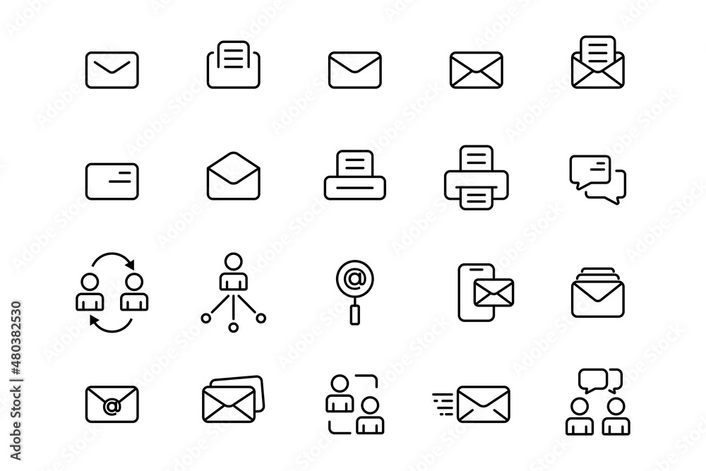 Communication icons set. Outline conversation pack. Mail, printer and chat symbol. Outline style. Stock vector illustration