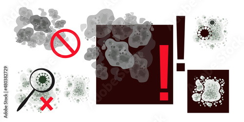 Stop black mold spots. Bacteria, microbes, viruses set. Toxic mildew spores. 