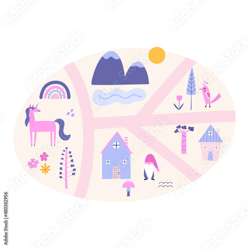 Kids map with magical characters and objects hand-drawn vector illustration. Unicorn, rainbow, gnome.