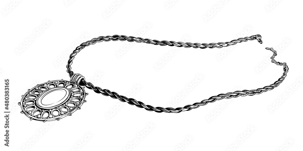 Vector drawing of a necklace with a pendant. Hand drawn linear illustration of a jewelry. Isolated jewelry accessories. Vector drawing of a necklace with a pendant. Hand drawn linear illustration of a jewelry. Isolated jewelry accessories.