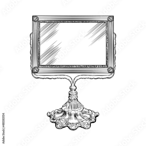 Old antiquarian mirror on the stand. Vector vintage illustration.