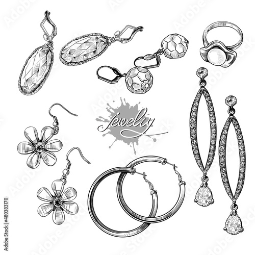 
Collection of jewelry .Earrings and a ring.
Template Vector.
Hand-drawn isolated objects.
