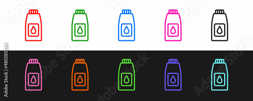 Set line Canister for motor machine oil icon isolated on black and white background. Oil gallon. Oil change service and repair. Vector