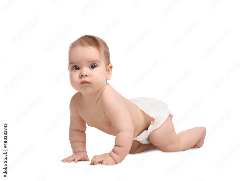 Cute little baby in diaper crawling on white background Cute little baby in diaper crawling on white background
