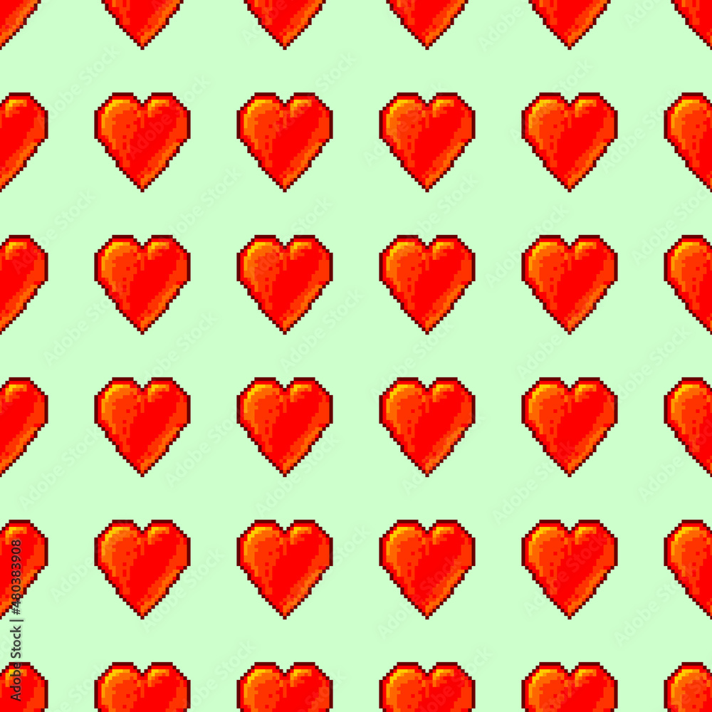 Red heart seamless pattern Pixel art love symbol on light green background vector illustration