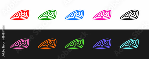 Set line Car headlight icon isolated on black and white background. Vector