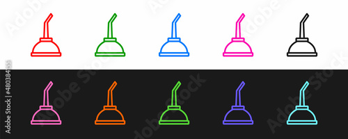 Set line Canister for motor machine oil icon isolated on black and white background. Oil gallon. Oil change service and repair. Vector