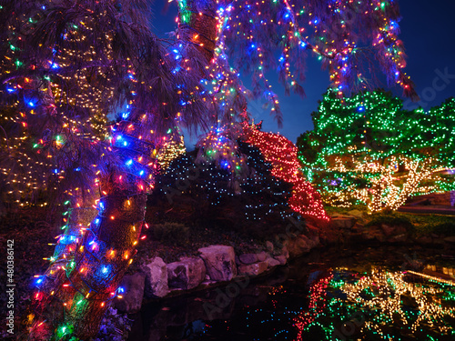 Christmas Holiday Lights decorate a beautiful park and a pond at night