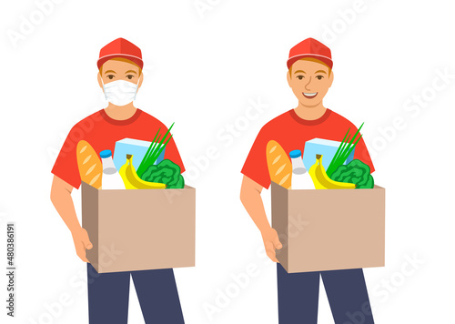 Delivery boy holding in hands box with grocery. Ordering products in the store with home delivery service. Flat vector illustration. Friendly cute delivery service employee gives a customer the order