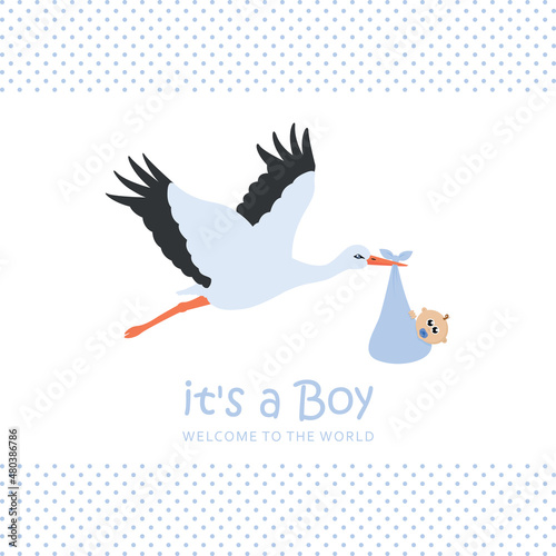 baby boy welcome greeting card with stork for childbirth