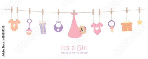 baby girl welcome greeting card for childbirth with hanging utensils