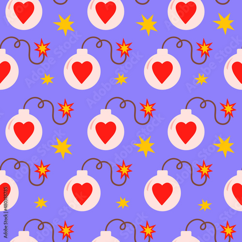 Abstract seamless pattern of a burning and ready to explode bombshell with heart and stars on blue background. Modern vector design  for Valentine Day