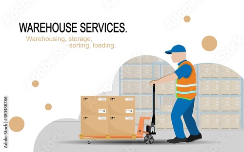 Warehouse services. Warehousing, storage, sorting, loading of goods. The worker-loader transports the goods with the help of a manual hydraulic trolley.