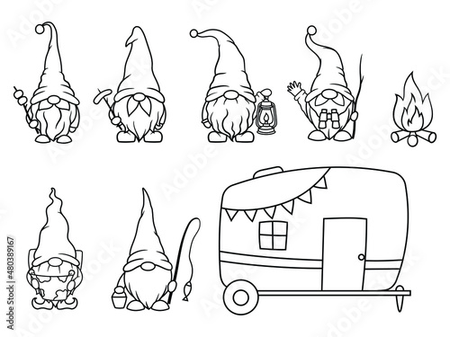 Set of camping garden gnomes. Collection of cute holidays elves with hats, marshmallows, camp truck. Vector illustration for travel postcard. Drawing for children.