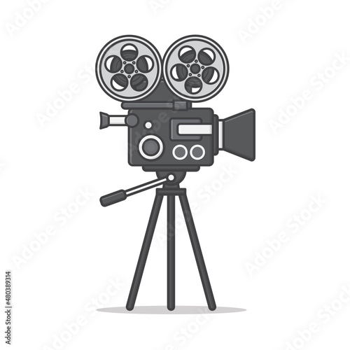 Movie Camera On A Tripod Vector Icon Illustration. Movie And Film Flat Icon