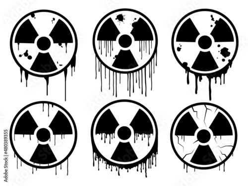 Set of radioactive icon. Collection of splatter nuclear symbol. Dangerous. Waring atomic sign.  Uranium radiation hazard. Vector illustration of toxic logo on white background. 