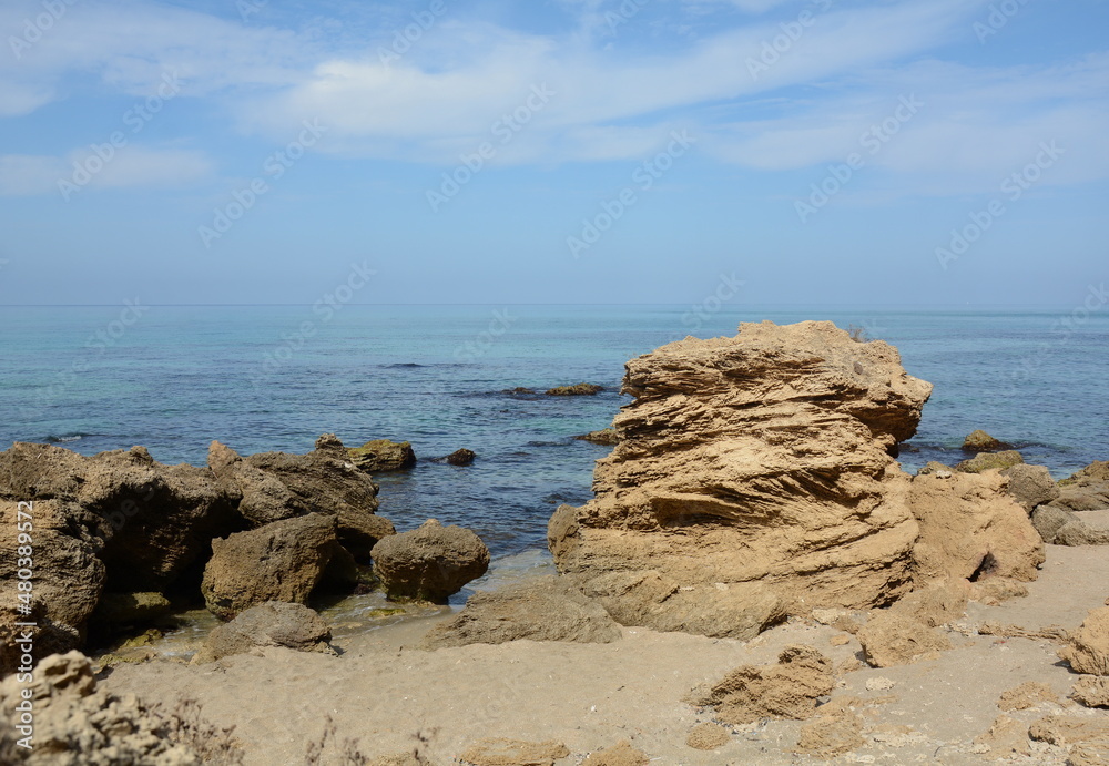 Scenic view of rocky Mediterranean coast. Peaceful bay in northern Israel. Scenic view of rocky Mediterranean coast. Peaceful bay in northern Israel.