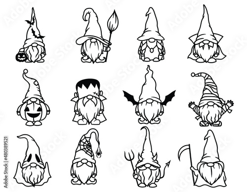 Set of Halloween gnomes. Collection of garden gnomes in costumes of monsters frankenstein, mummy, witch, etc. Vector illustration on white background.