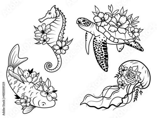 Set of sea animals with flowers. Collection of ocean creature jellyfish, small horse, turtle. and fish. Vector illustration isolated on white background. Design for printing.