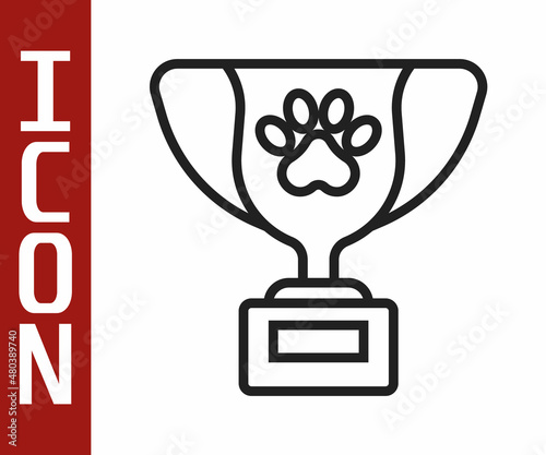 Black line Pet award symbol icon isolated on white background. Medal with dog footprint as pets exhibition winner concept. Vector