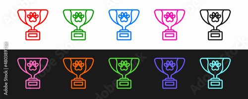 Set line Pet award symbol icon isolated on black and white background. Medal with dog footprint as pets exhibition winner concept. Vector