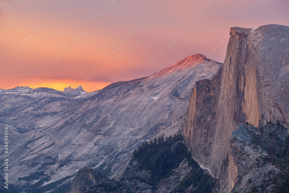 Landscape of Half Dome and the Sierra Nevada Mountains from Glacier Point at twilight, Yosemite National Park, California, USA