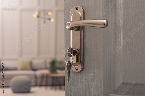 Closeup view of open door with key in room