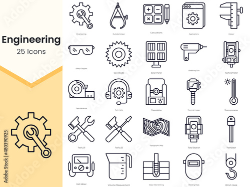Simple Outline Set of Engineering Icons. Thin Line Collection contains such Icons as saw blade, solar panel, soldering gun, tacheometer and more