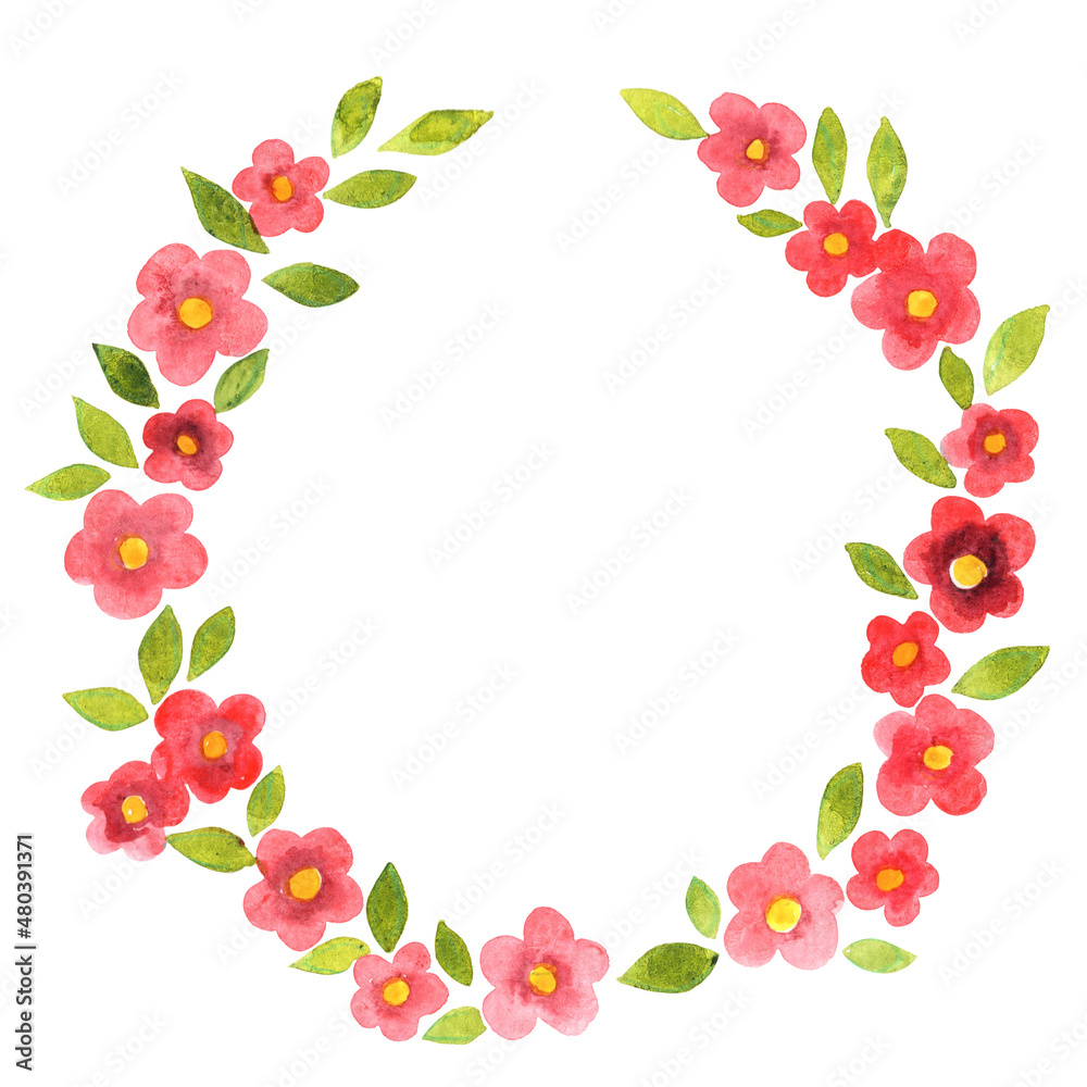 Red camellia flower and green leaf wreath watercolor for decoration on spring season and oriental art.