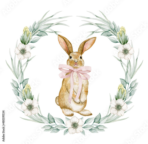 Foto Watercolor illustration easter card with bunny, flowers, leaves, wreath