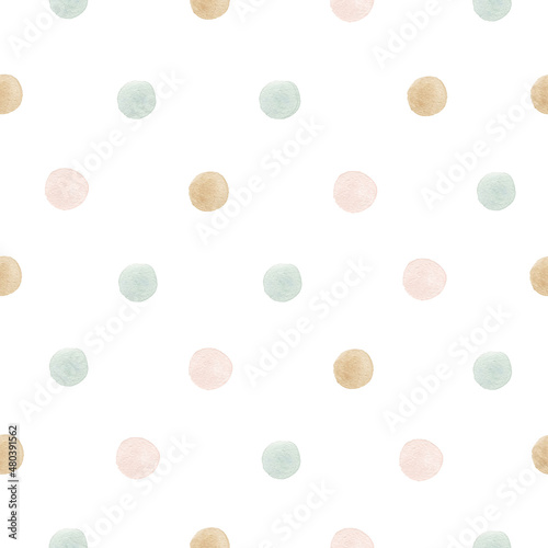 Watercolor seamless cute pattern polka dots. Isolated on white background. Hand drawn clipart. Perfect for card, fabric, tags, invitation, printing, wrapping.