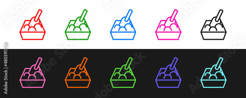 Set line Cat litter tray with shovel icon isolated on black and white background. Sandbox cat with shovel. Vector