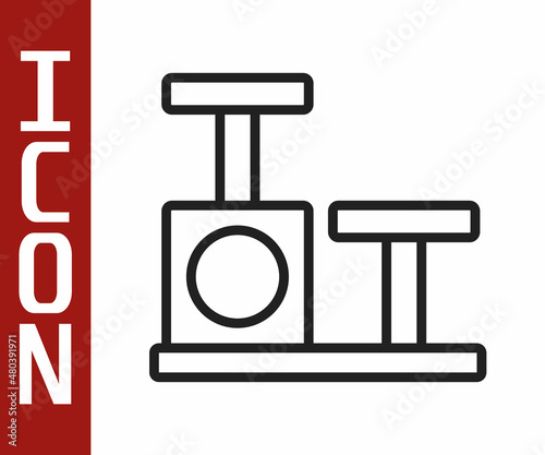 Black line Cat scratching post with toy icon isolated on white background. Vector