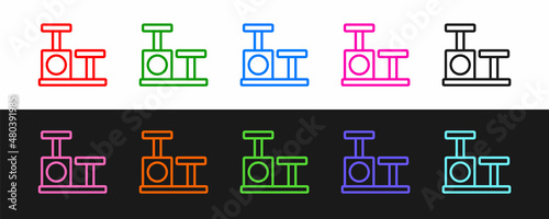 Set line Cat scratching post with toy icon isolated on black and white background. Vector