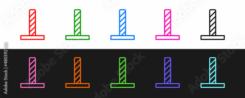 Set line Cat scratching post with toy icon isolated on black and white background. Vector