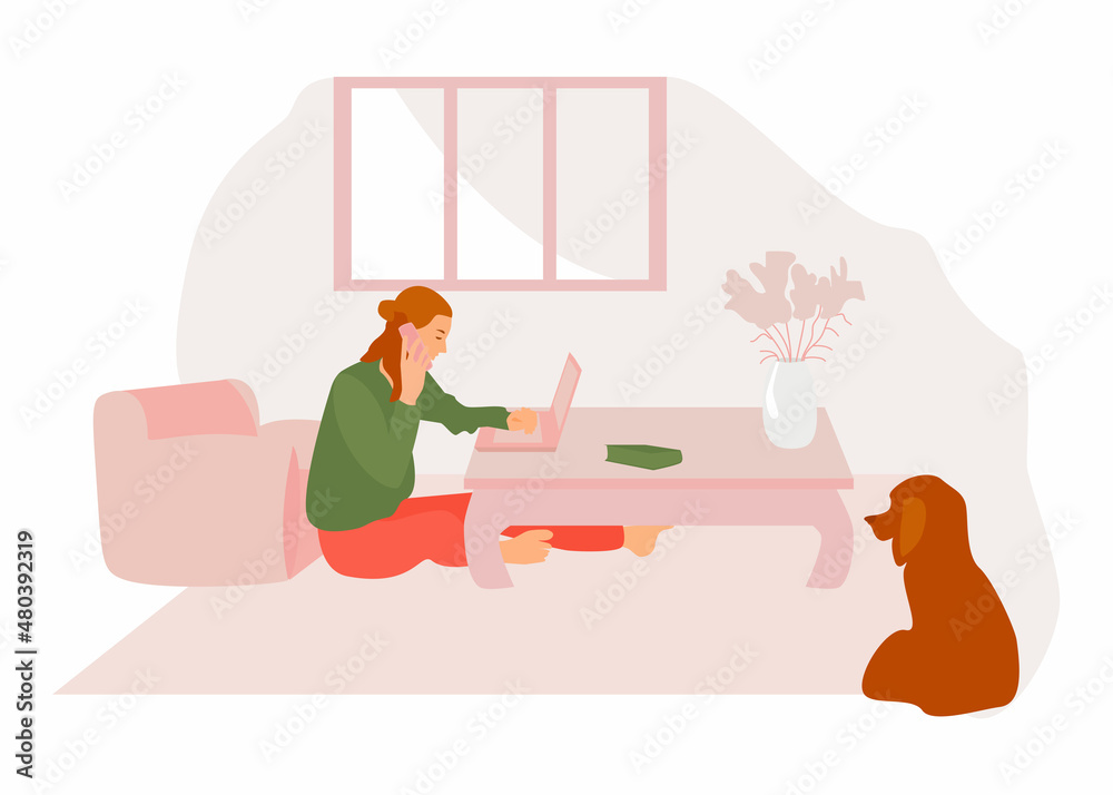 A young woman with a phone in her hand looks at a laptop, sitting on the floor at home, a dog is looking at her. Illustration on the theme of work from home.