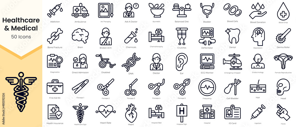 Obraz premium Simple Outline Set of Healthcare & Medical Icons. Thin Line Collection contains such Icons as addiction, ambulance, ayurvedic, baby, balanced diet, bladder, blood cells and more