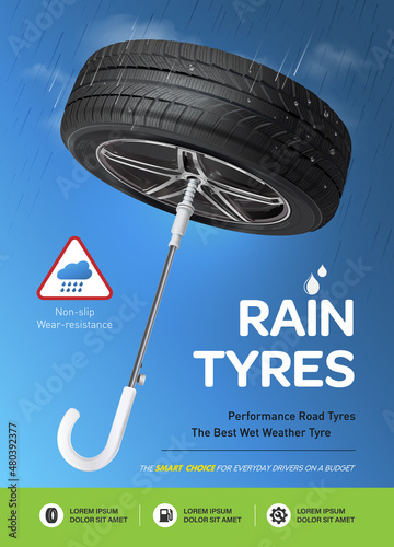 Tire rain. Avoid car accidents with hydroplaning or tire hydroplaning. Summer new car tyre with umbrella. Tire with water drops on cloud background blue. Car wheel passes through during the rain.