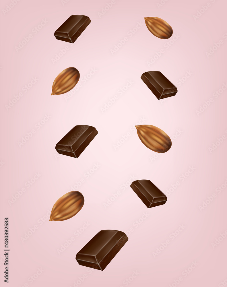 Fototapeta premium Chocolate and almonds abstract texture vector realistic. Product placement menu templates