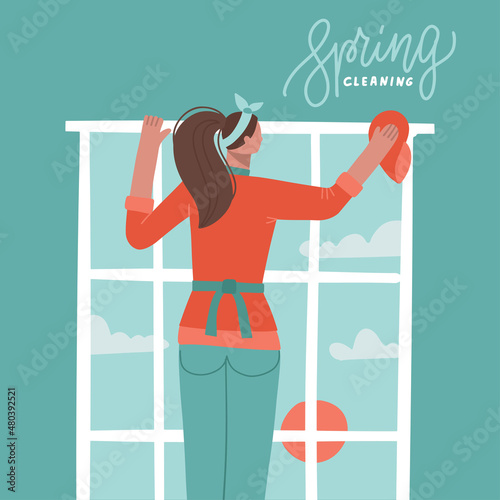 Woman washing window with cloth. Spring cleaning concept. Cleaning company services, window cleaning concept for web banner. Flat hand drawn vector banner with lettering text