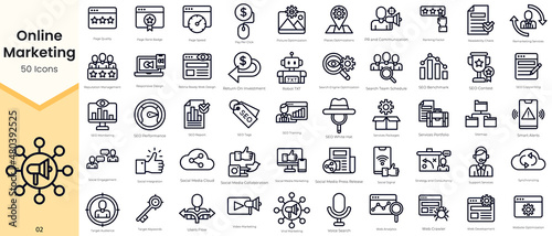 Simple Outline Set of Online Marketing Icons. Thin Line Collection contains such Icons as synchronizing, target audience, analytics, web crawler, sitemap and more