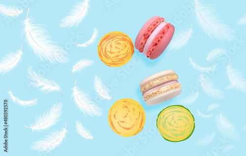 Macaroons and feather pattern vector realistic. Product placment mock up. Lig...