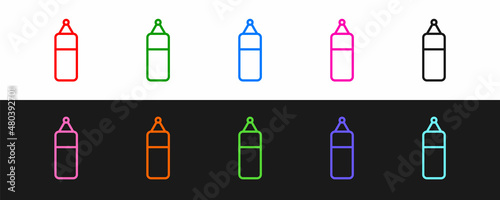 Set line Punching bag icon isolated on black and white background. Vector