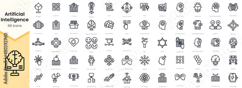 Simple Outline Set of Artificial Intelligence Icons. Thin Line Collection contains such Icons as 3d model, ai knowledge, ai research, algorithm and more photo